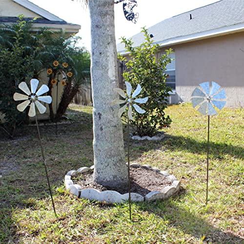 Set of 3 Galvanized Grey Wind Spinner Garden Stakes, 41 Inches High P79757