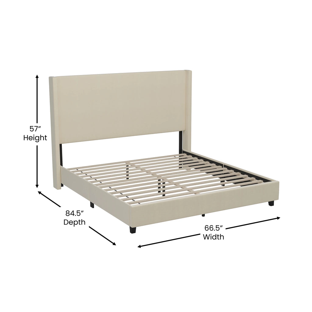 Beige Queen Size Platform Bed Frame with Padded Faux Linen Upholstered Wingback Headboard Z3555