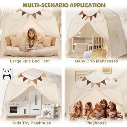 Cream Extra Large Kids Play Tent with Flags & Star Lights, 59x39x59 in Y369273