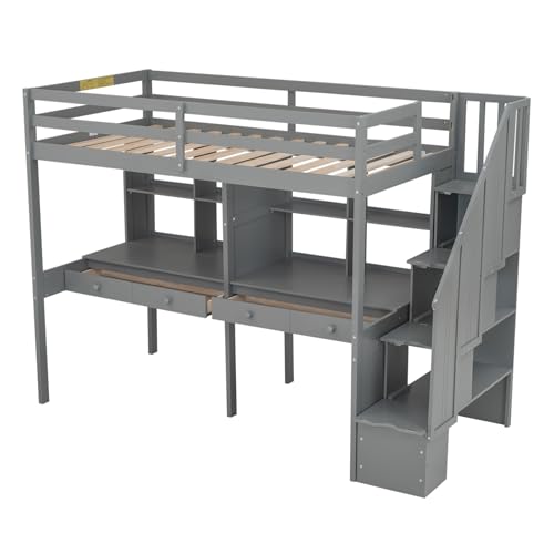 Gray Full Size Wood Loft Bed with Desk, Wardrobe and Three Storage Drawers Q4499