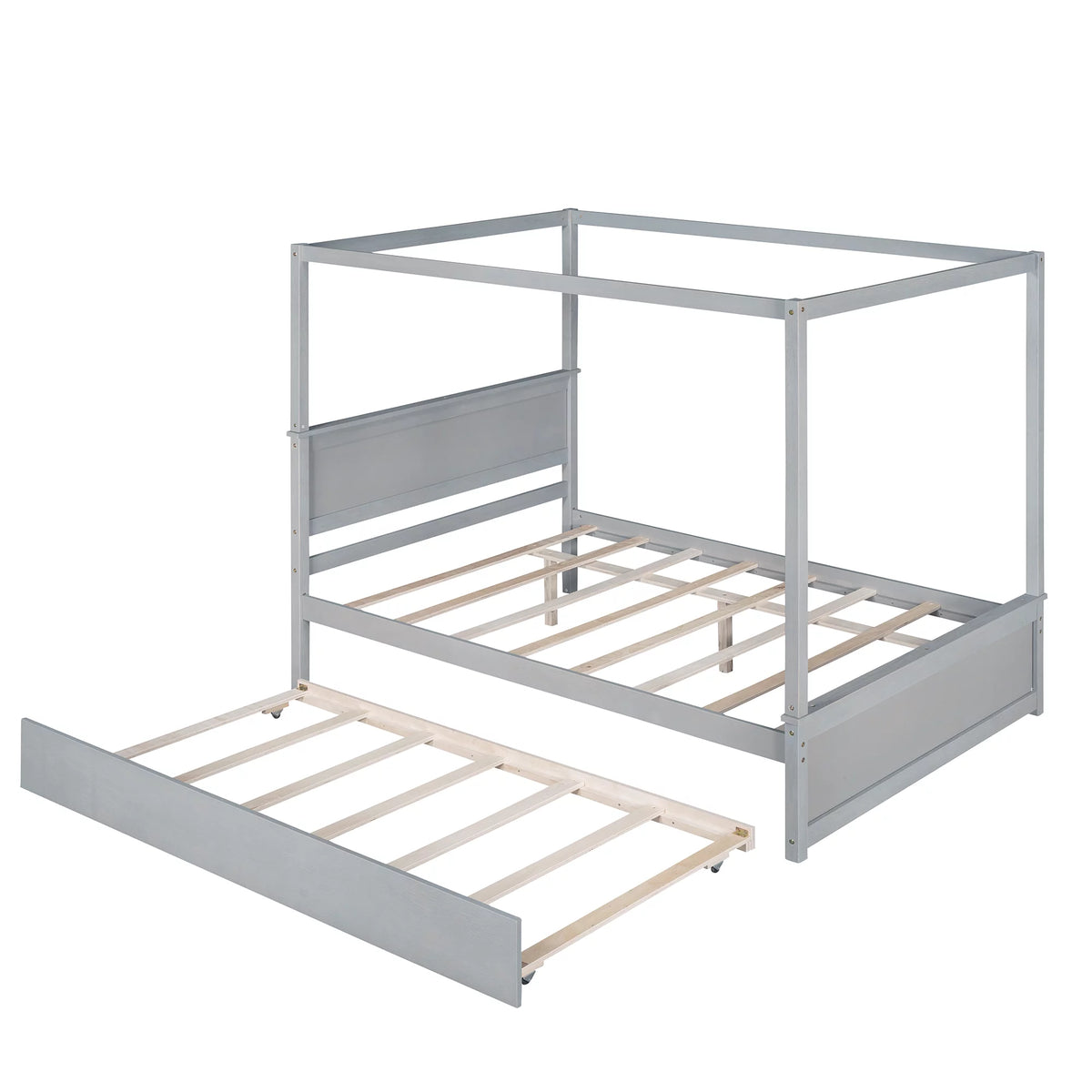 Gray Full Size Wood Canopy Bed with Trundle Bed B2842