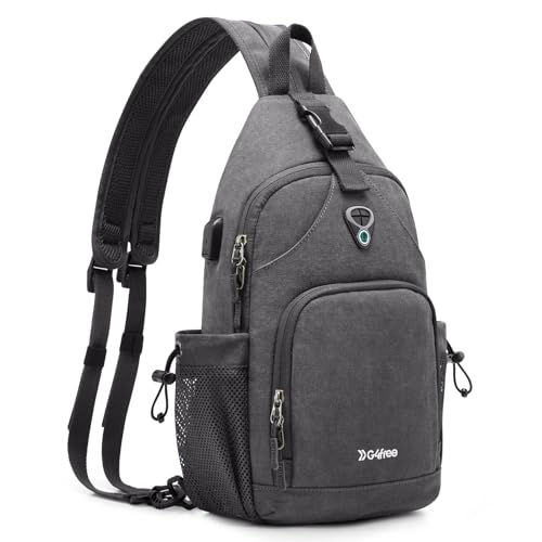 Canvas Sling Bag Crossbody Backpack with USB Charging Port (Dark Grey) I5112