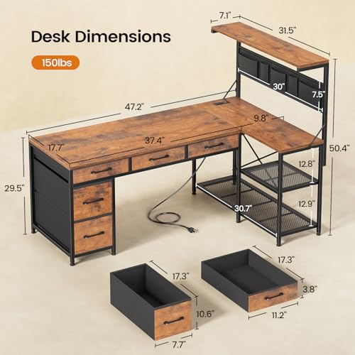 Black L Shaped Gaming Desk with 5 Drawers, Storage Shelves, LED Lights, Power Outlets and Storage Bag R314