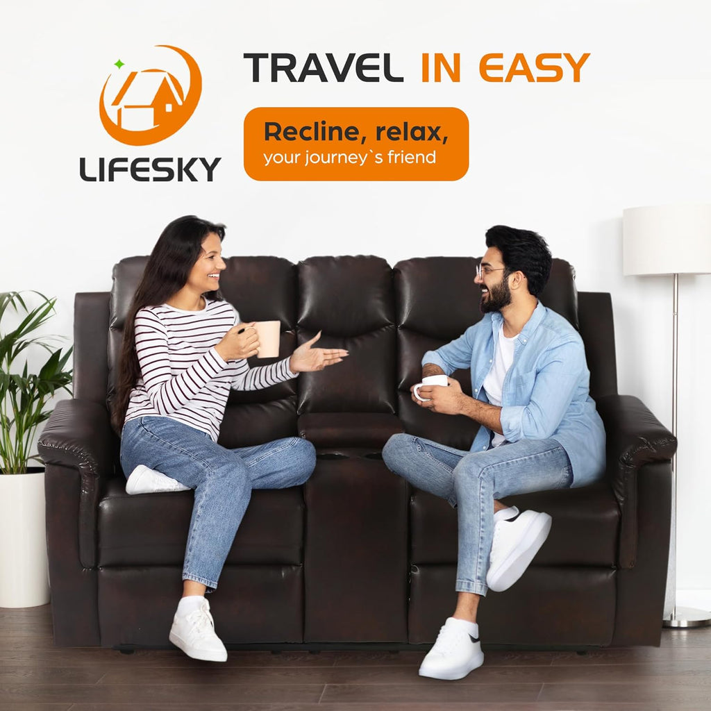 68" Wall Hugger RV Couch with Console Cup Holder Double Seat Reclining Chair Browm A10309