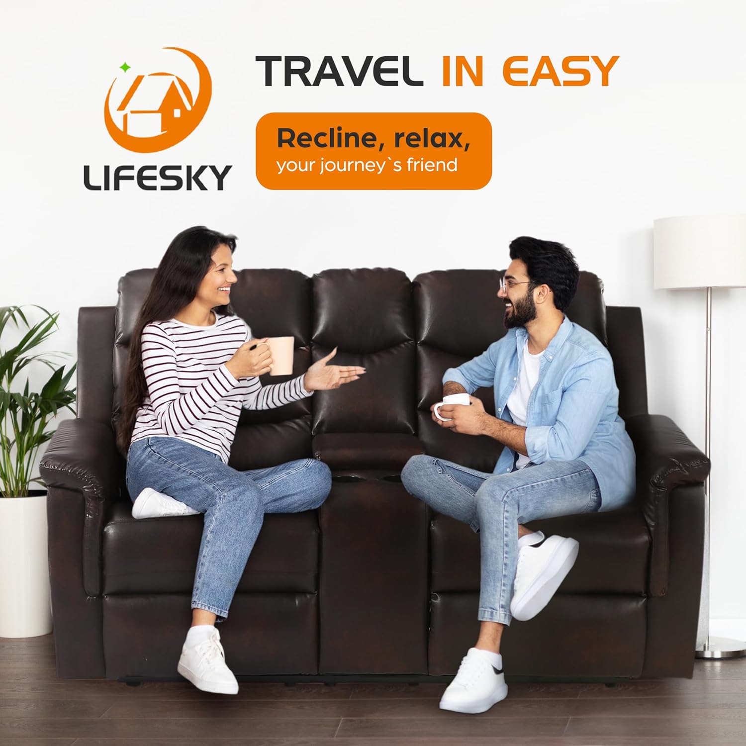 68" Wall Hugger RV Couch with Console Cup Holder Double Seat Reclining Chair Browm A10309