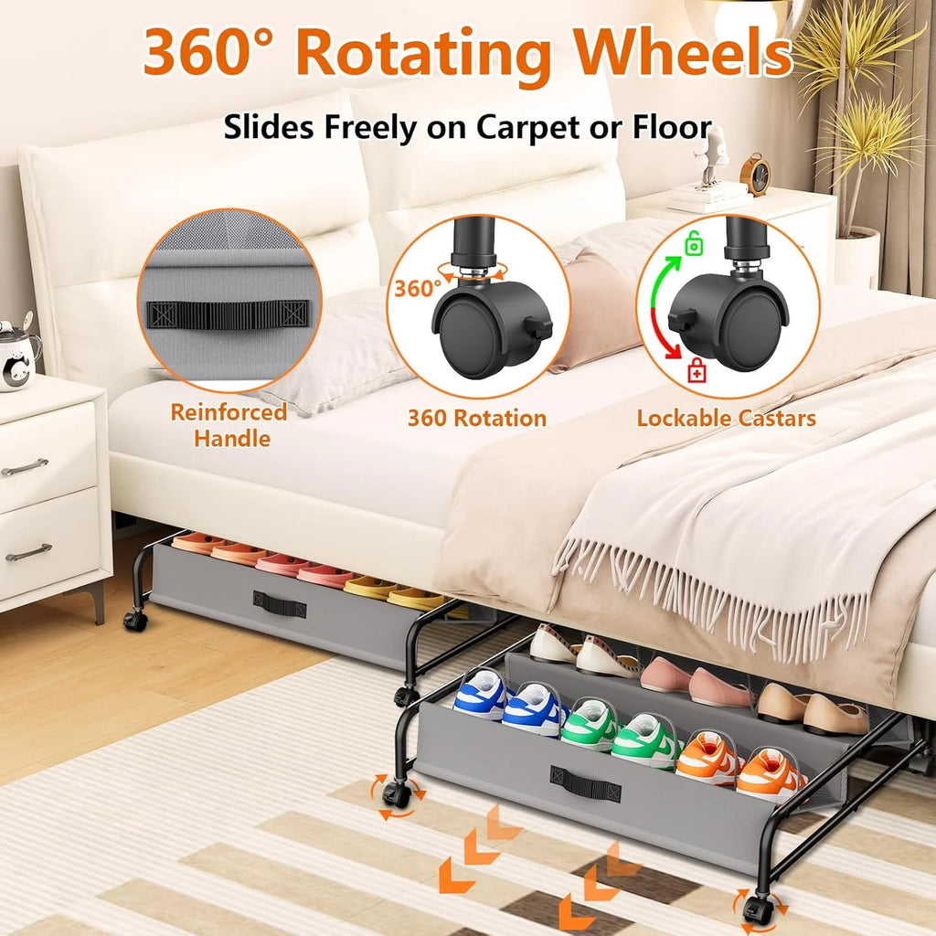 2 Pack Rolling Under Bed Shoe Storage with Breathable Mesh Pockets O102811