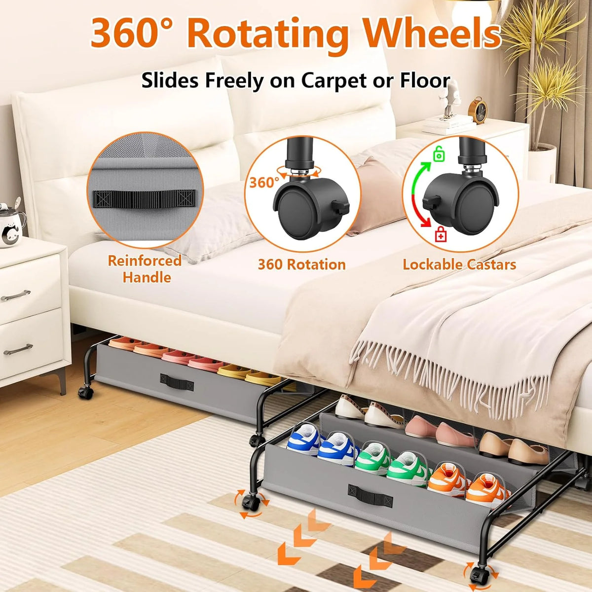 2 Pack Rolling Under Bed Shoe Storage with Breathable Mesh Pockets O102811