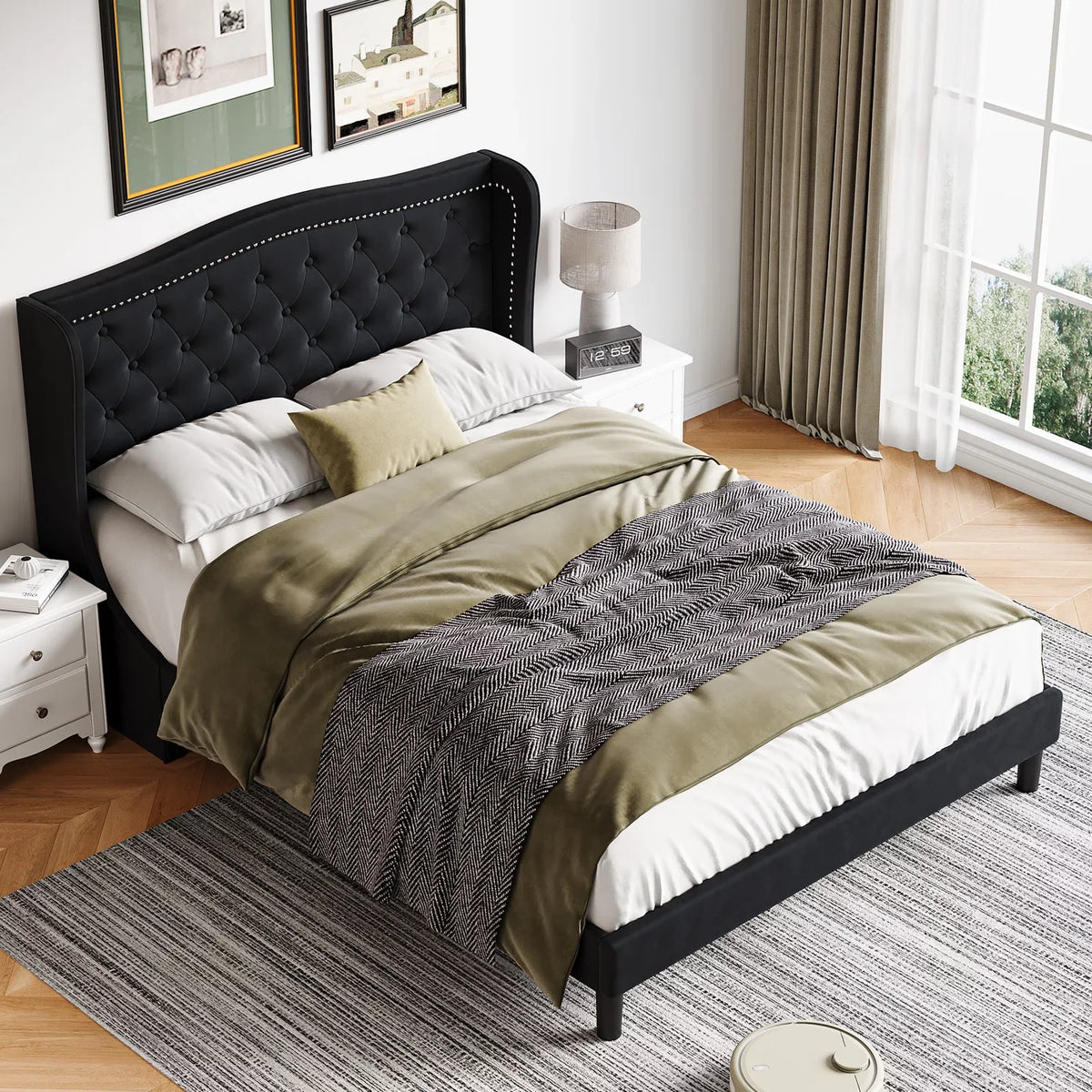 Black Full Bed Frame with Wing-Back Button Tufted Upholstered Headboard and Wood Slat Support P24908