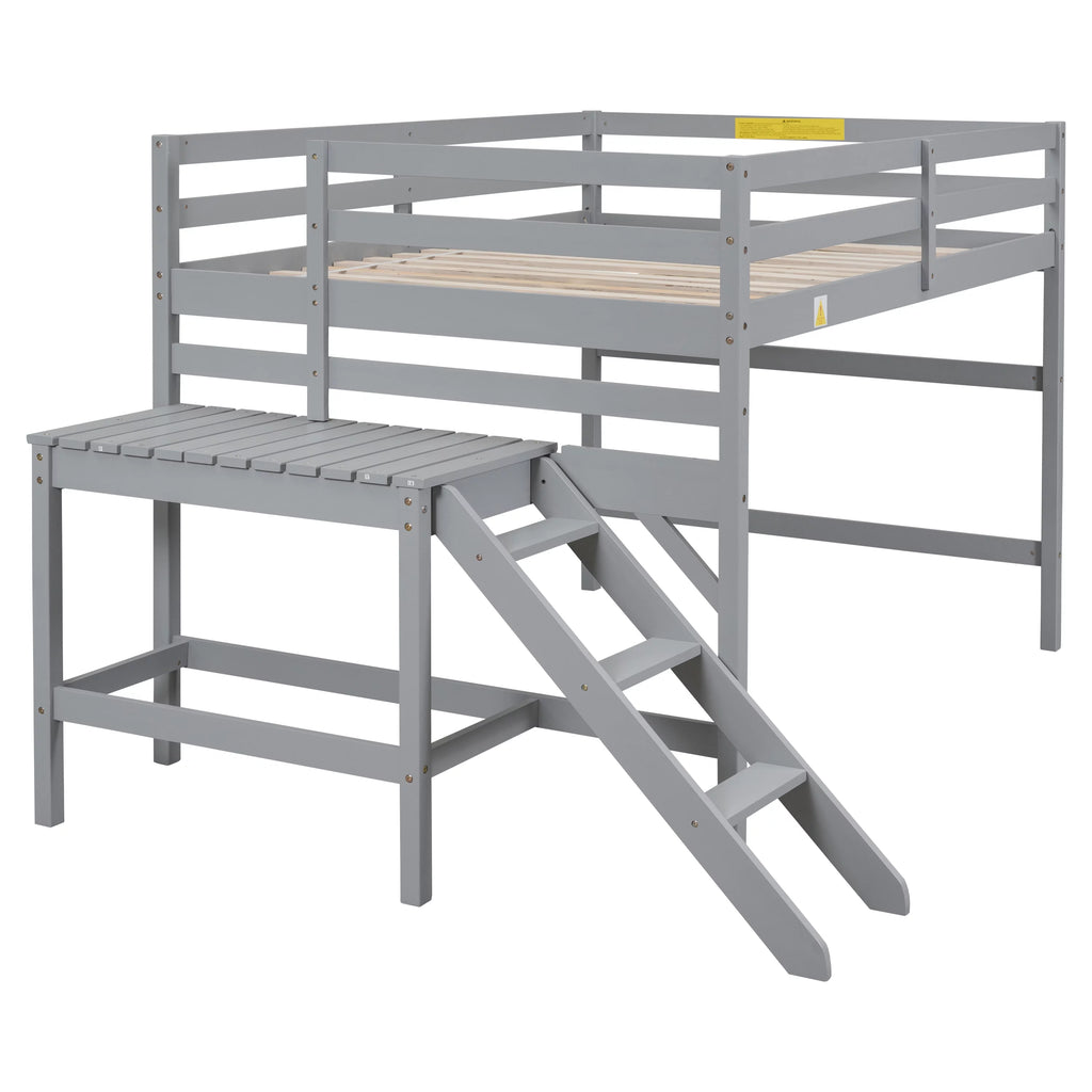 Gray Full Wood Loft Bed with Safety Rail and Ladder P535