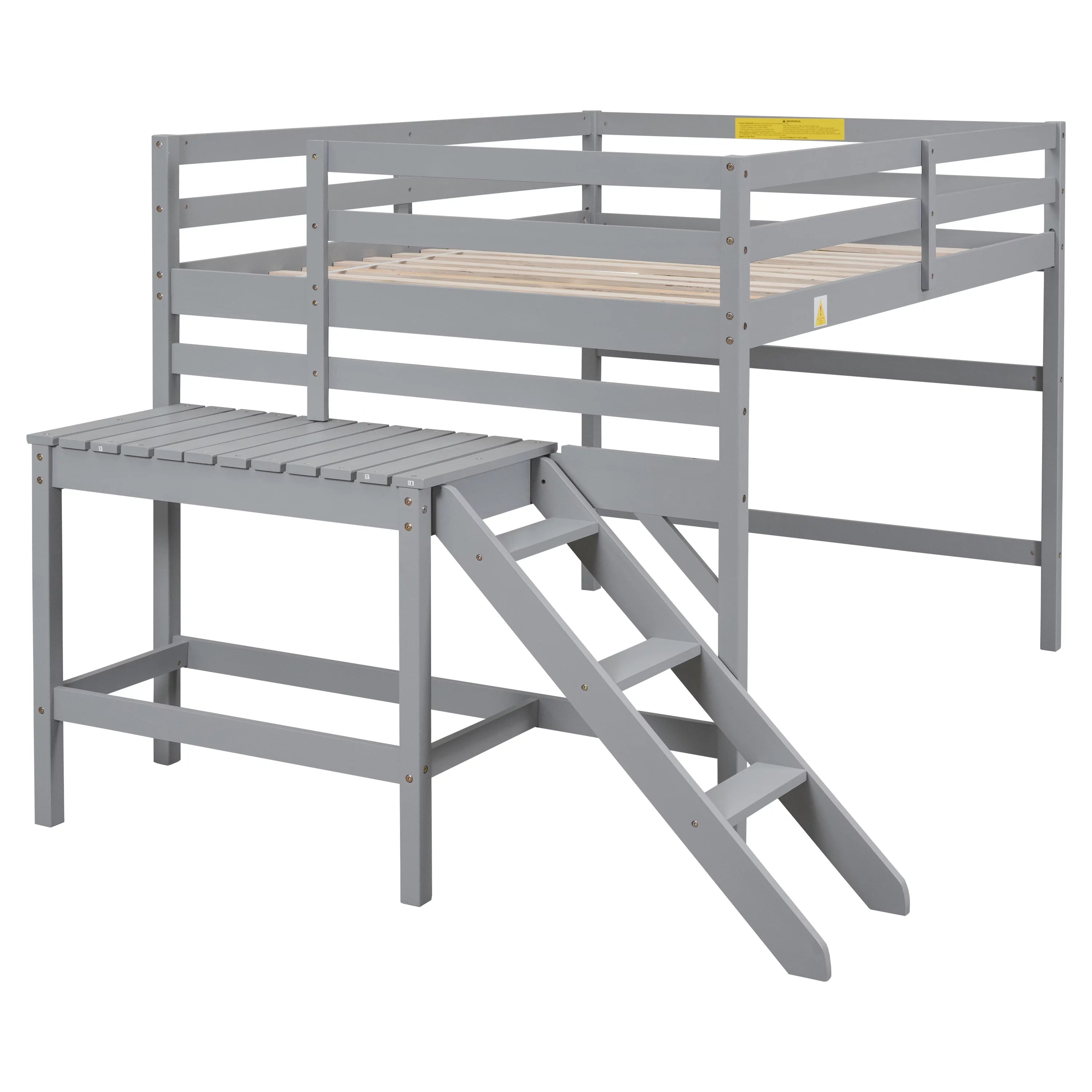 Gray Full Wood Loft Bed with Safety Rail and Ladder P535