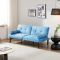 Blue Linen Futon Sofa Loveseat Convertible Sleeper Bed with Solid Wood Legs Adjustable Backrests E548818