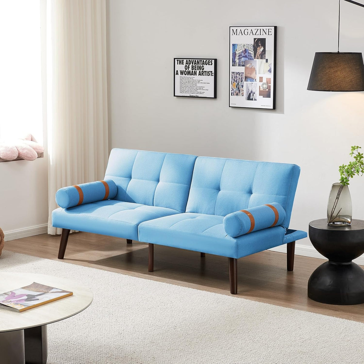 Blue Linen Futon Sofa Loveseat Convertible Sleeper Bed with Solid Wood Legs Adjustable Backrests E548818