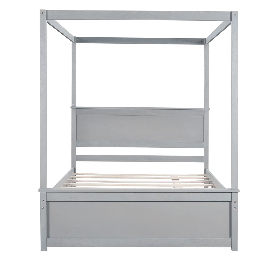 Gray Full Size Wood Canopy Bed with Trundle Bed B2842