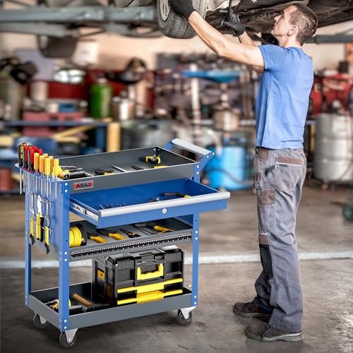 Blue 3 Tier Rolling Tool Cart with Drawers T4233