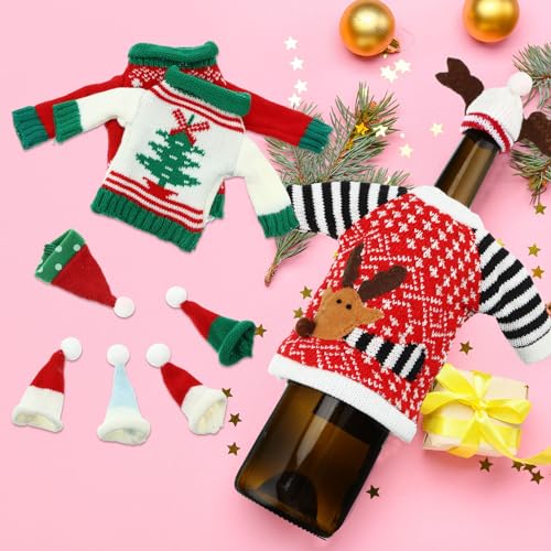 16 Sets Christmas Wine Bottle Sweater Cover with Hat Knitted Dress Snowman Elk Santa M733