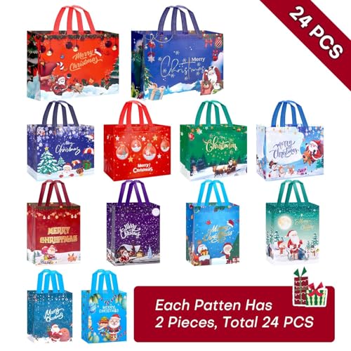 24 Pack Assorted Sizes Reusable Non-Woven Christmas Gift Bags B248