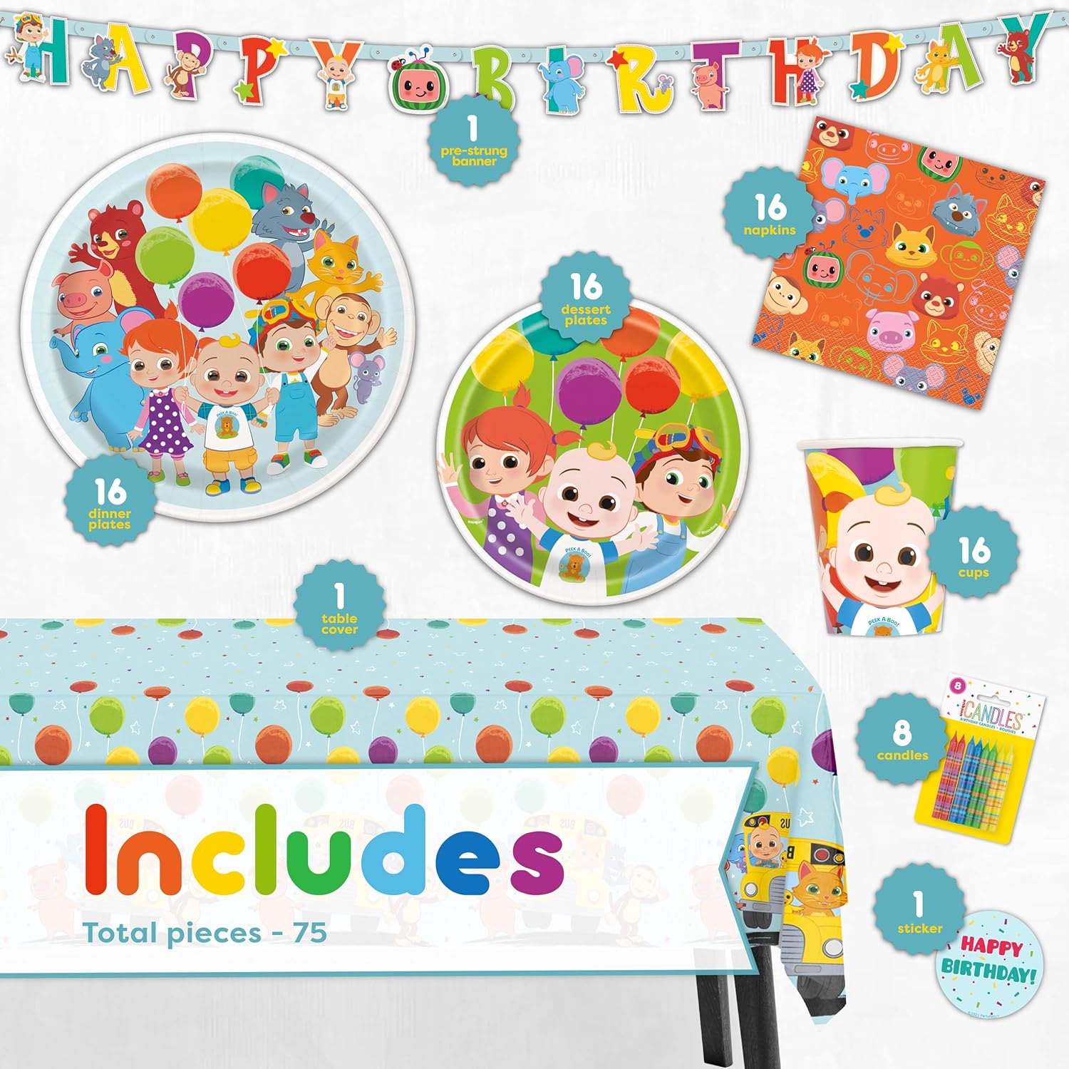 Party Supplies Set Serves 16 Guests with Banner, Table Cover, Plates, Napkins, Cups and Sticker B232229
