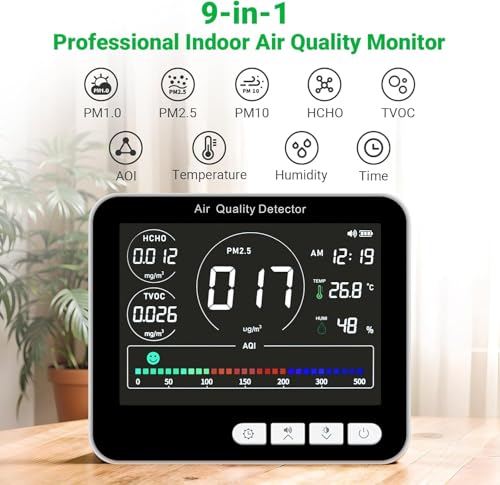 14 in 1 Air Quality Monitor Indoor with Beep Alarm, PM1.0|PM2.5|PM10|HCHO|TVOC|AQI|Temperature|Humidity|Time, Battery Powered Air Monitor M72120