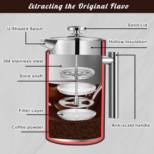 34 Ounce Stainless Steel French Press Coffee Maker with 3 Filter B920044
