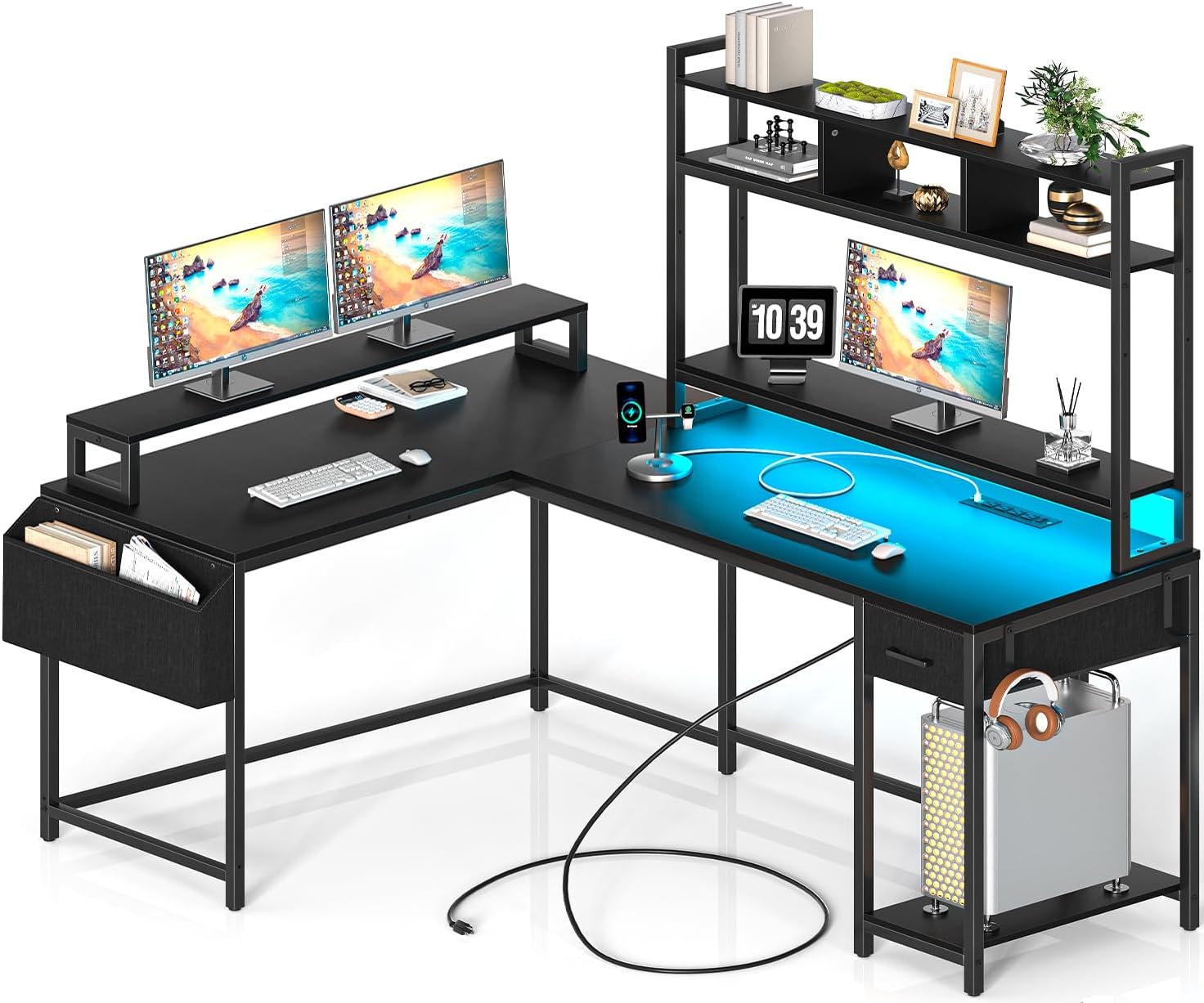 L Shaped Gaming Computer Desk with Monitor Shelf, Power Outlets & LED Lights P6877
