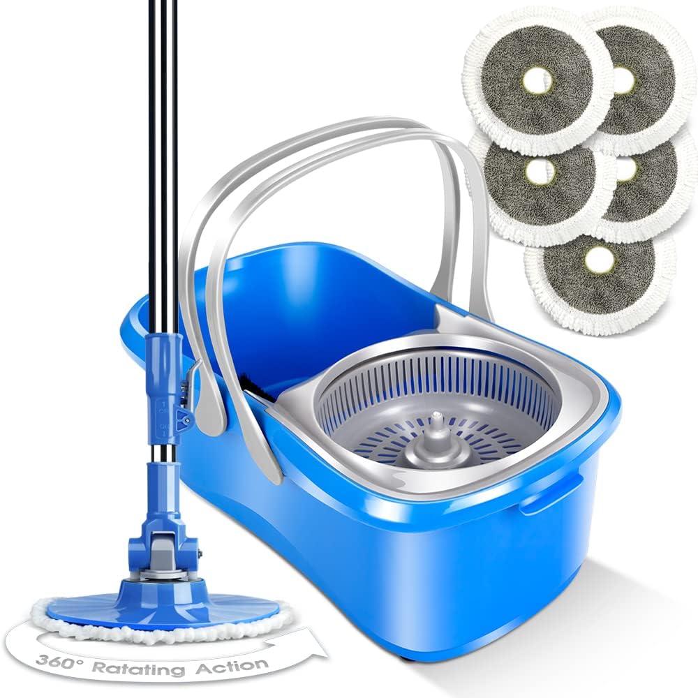 Spin Mop and Bucket with Wringer Set, Microfiber Mops Bucket, Stainless Steel Handle & 5 Reusable Pads L33683