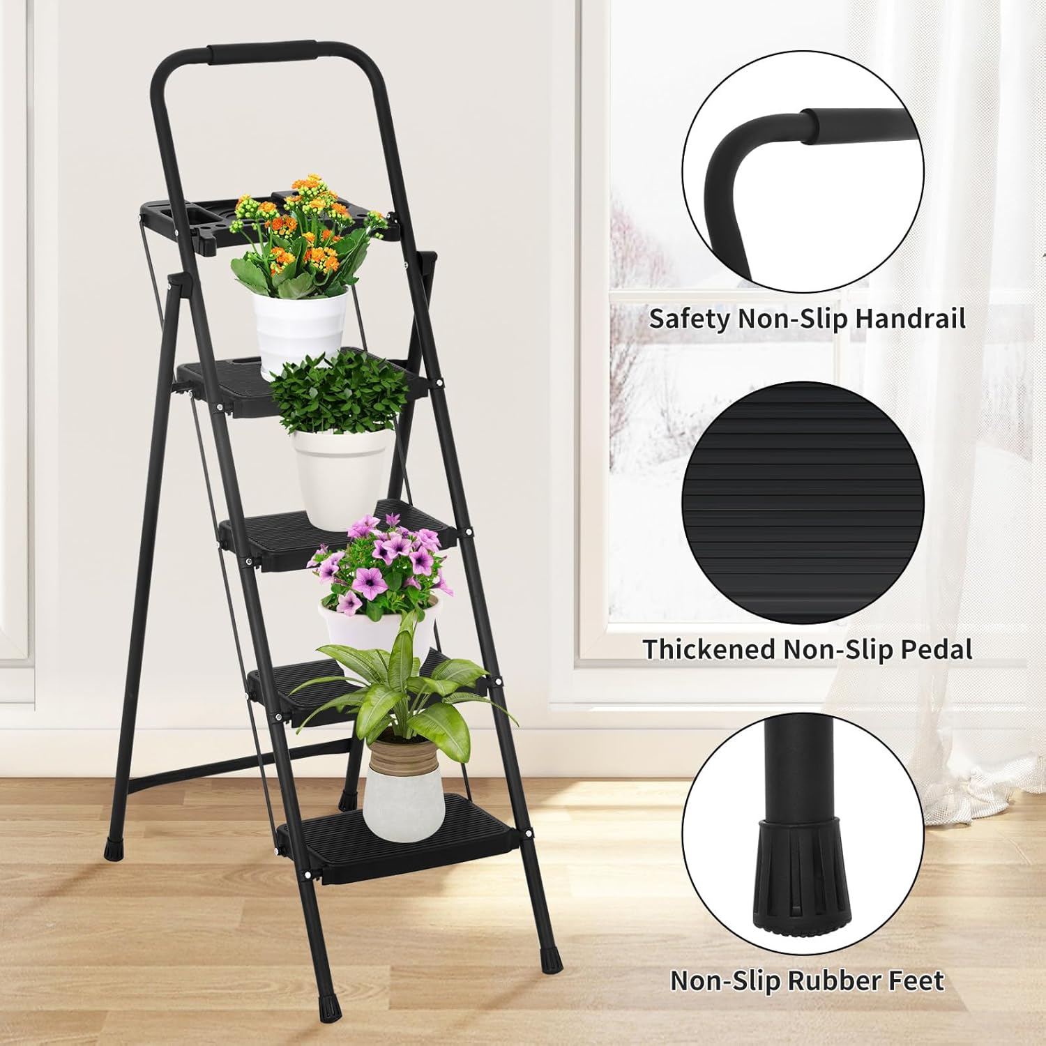 Black Steel Folding Step Stool with Tool Tray Q4159