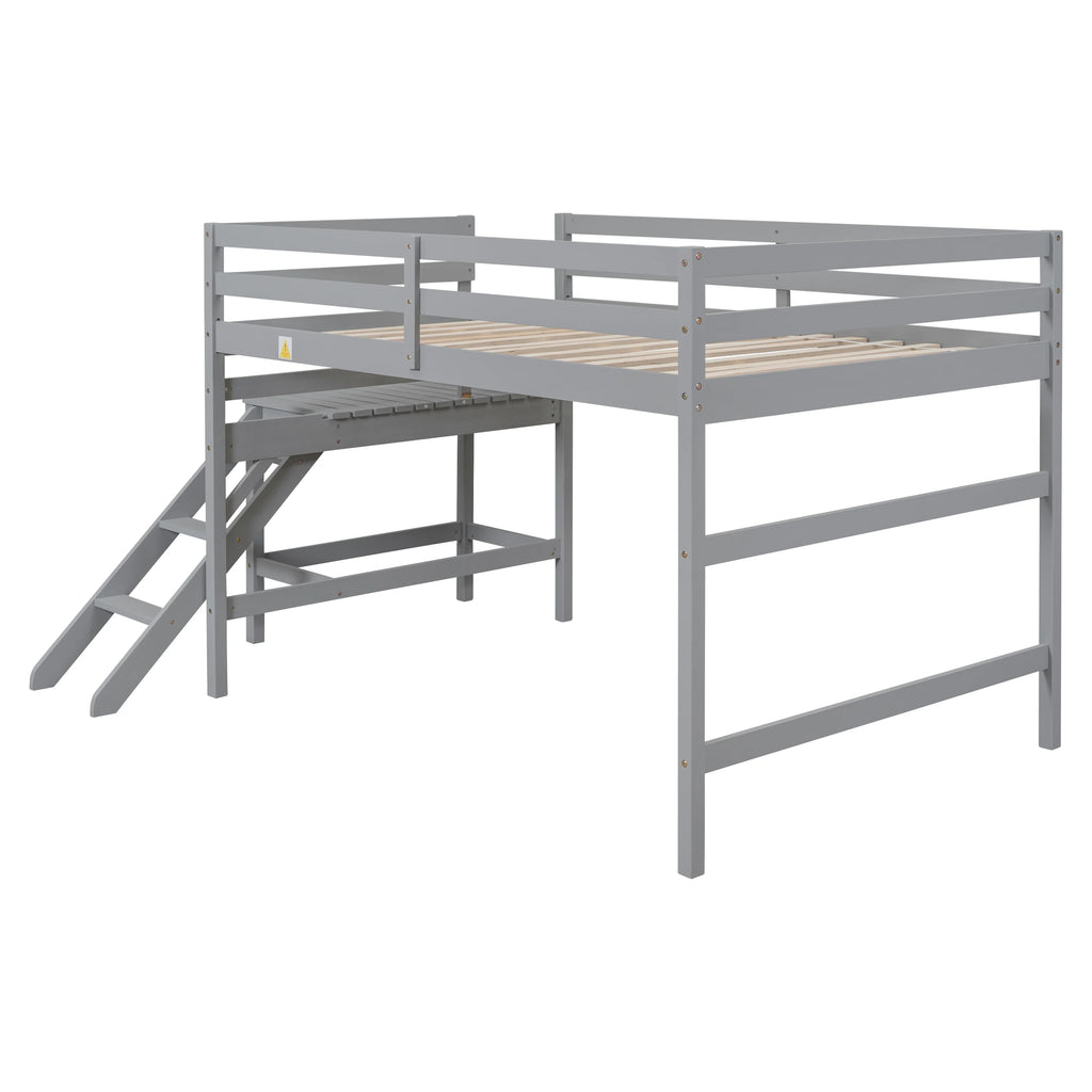Gray Full Wood Loft Bed with Safety Rail and Ladder P535