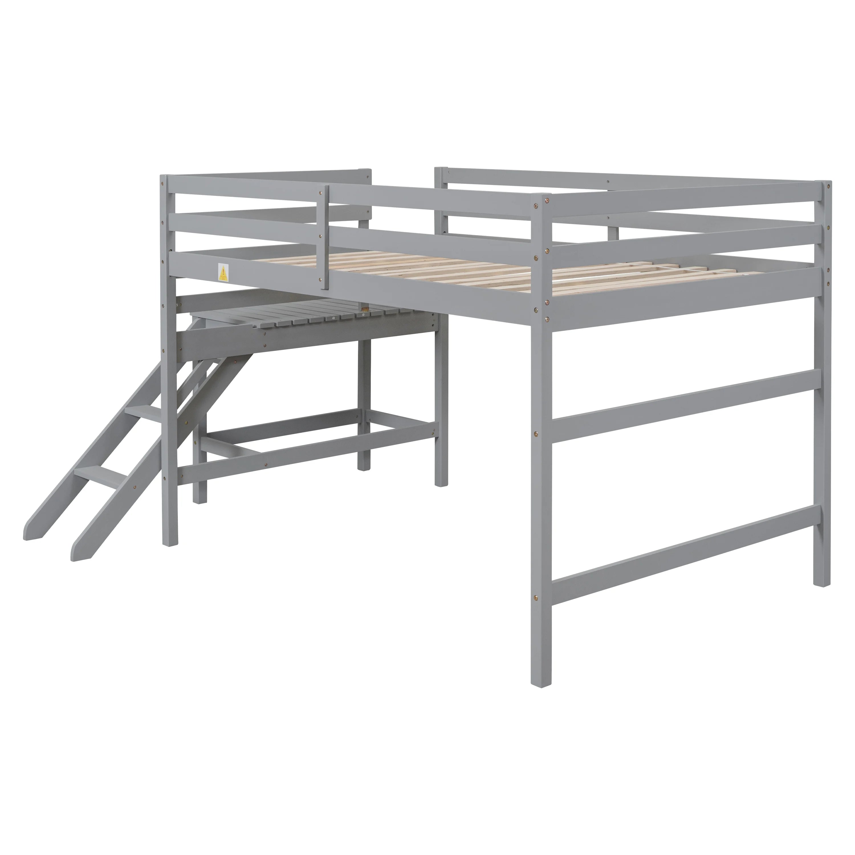 Gray Full Wood Loft Bed with Safety Rail and Ladder P535