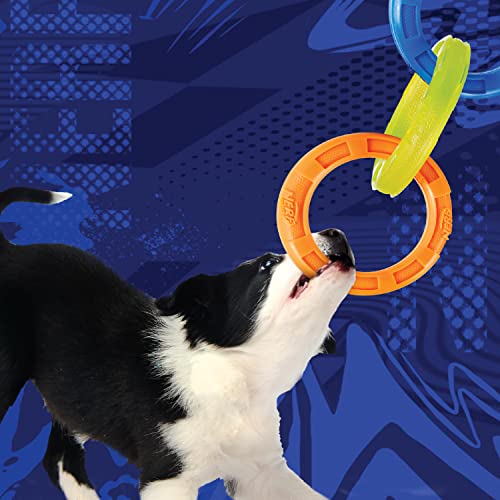 10.5in Rubber 3-Ring Tug Dog Toy, Blue/Green/Orange W14261