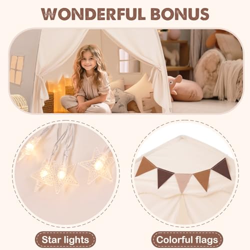 Cream Extra Large Kids Play Tent with Flags & Star Lights, 59x39x59 in Y369273