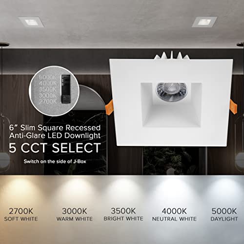 6" Ultra-Thin Recessed LED Downlight Canless IC Rated 1200 Lumens 5 Color Temperature Select Dimmable Square Black Trim 90 CRI H97192