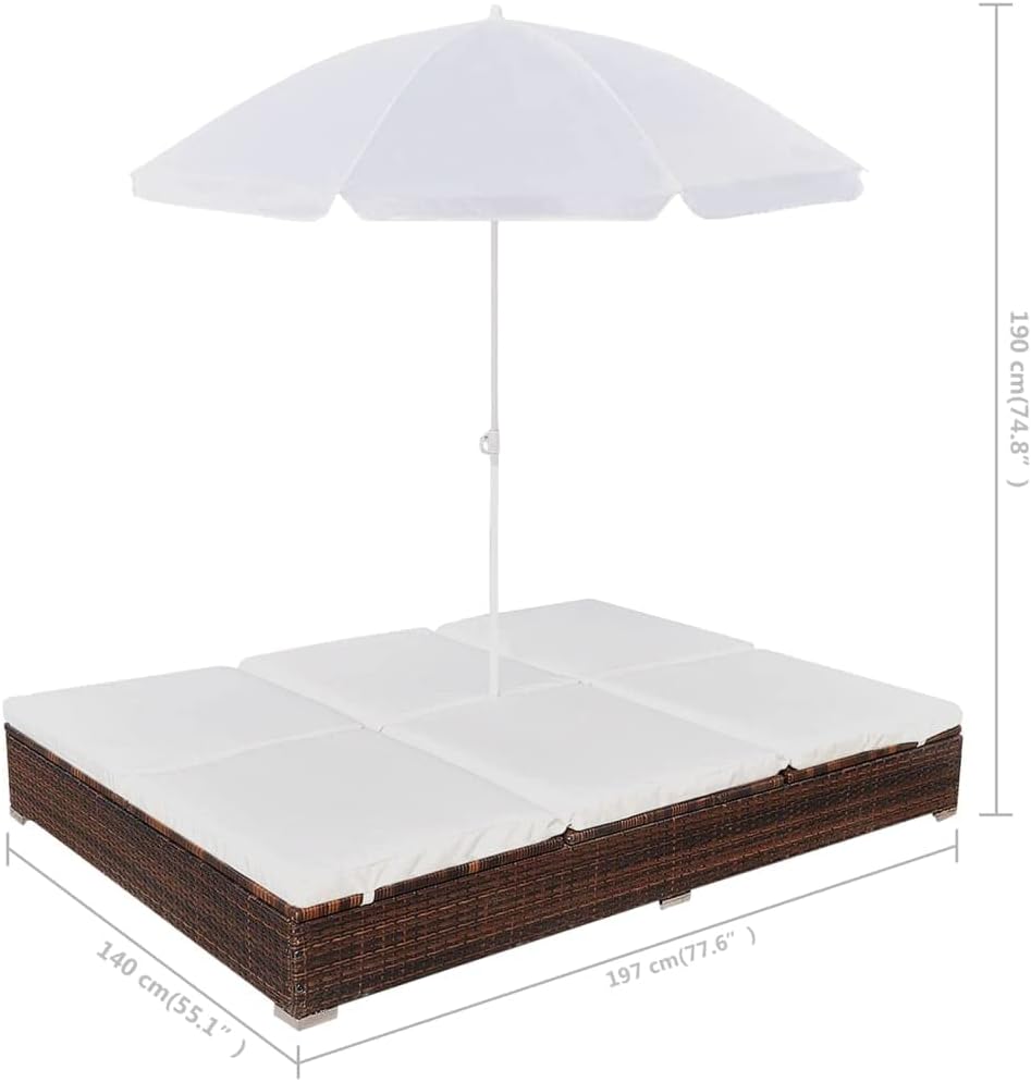 Brown Poly Rattan 2-Person Sun Lounger with Cushion and Umbrella Z1335