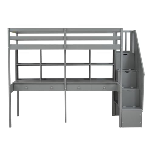 Gray Full Size Wood Loft Bed with Desk, Wardrobe and Three Storage Drawers Q4499