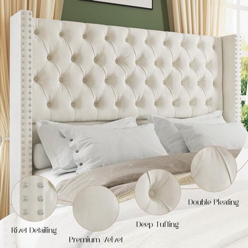 King Upholstered Bed Frame with Tall Headboard Wingback Platform Bed Tufted Deep Button Velvet Light Grey S75347