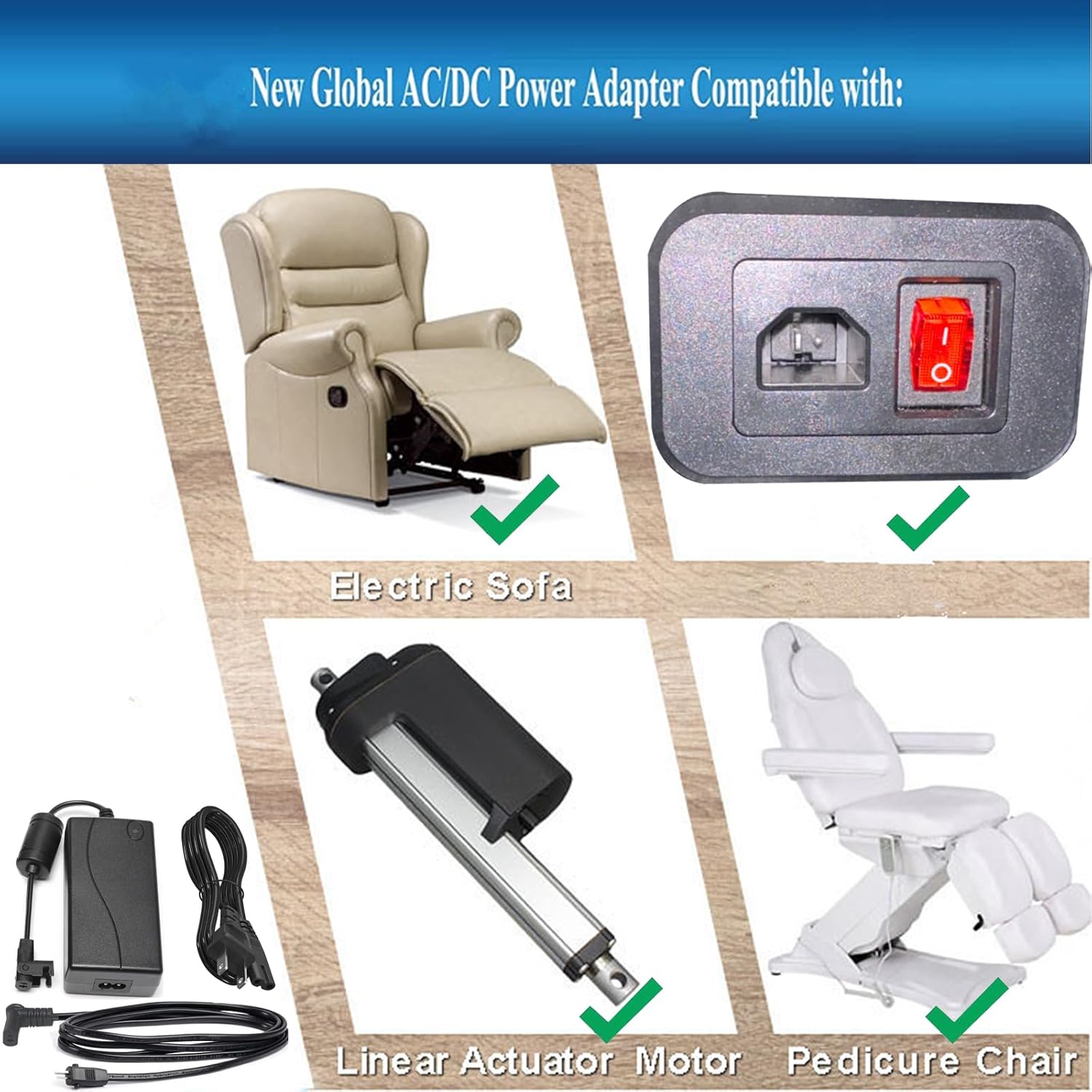 2-Pin Power Adapter with Extension L Shape Cable Cord for Lift Chair X110031