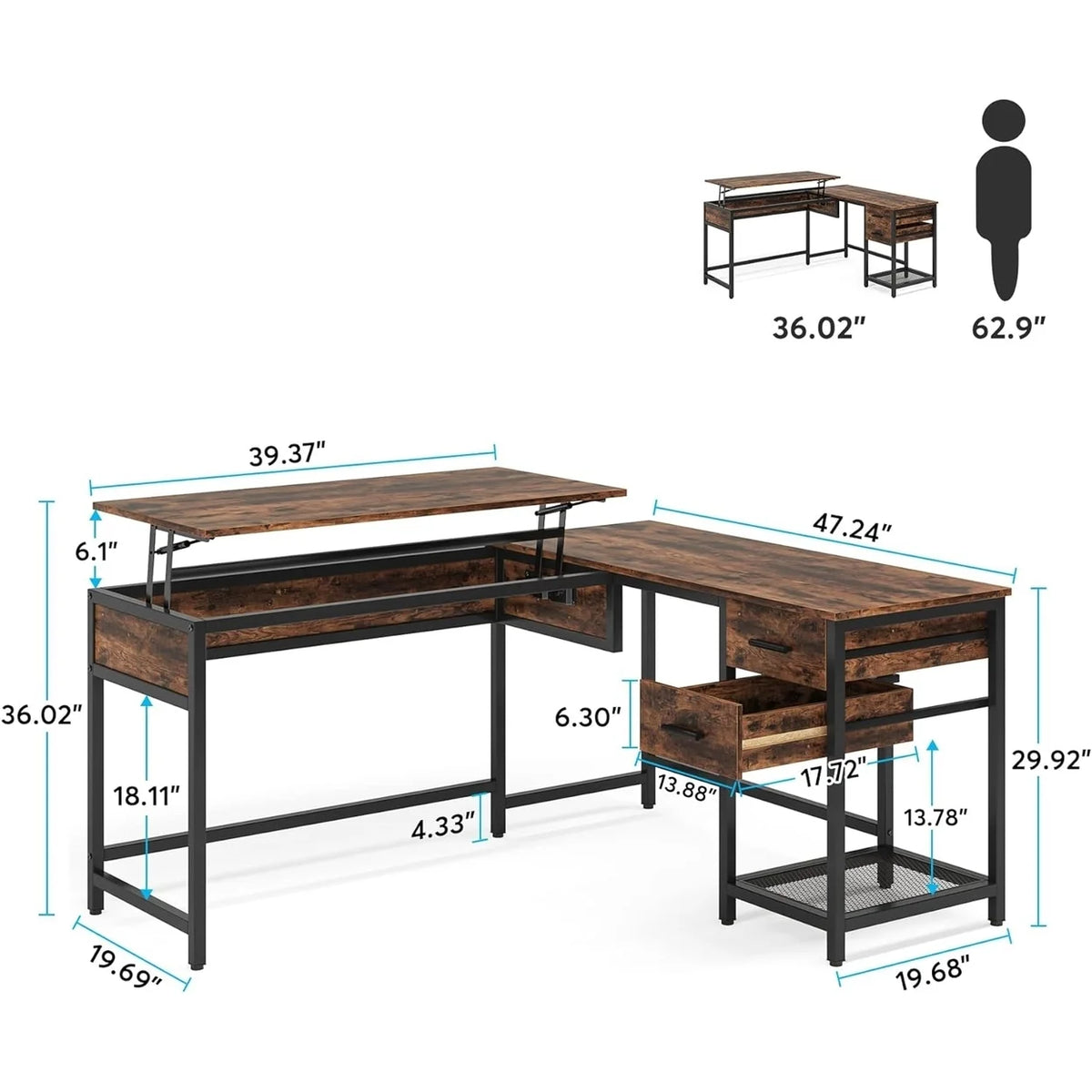 L-Shaped 59" Computer Desk with Drawers Corner Desk with Lift Top E55184