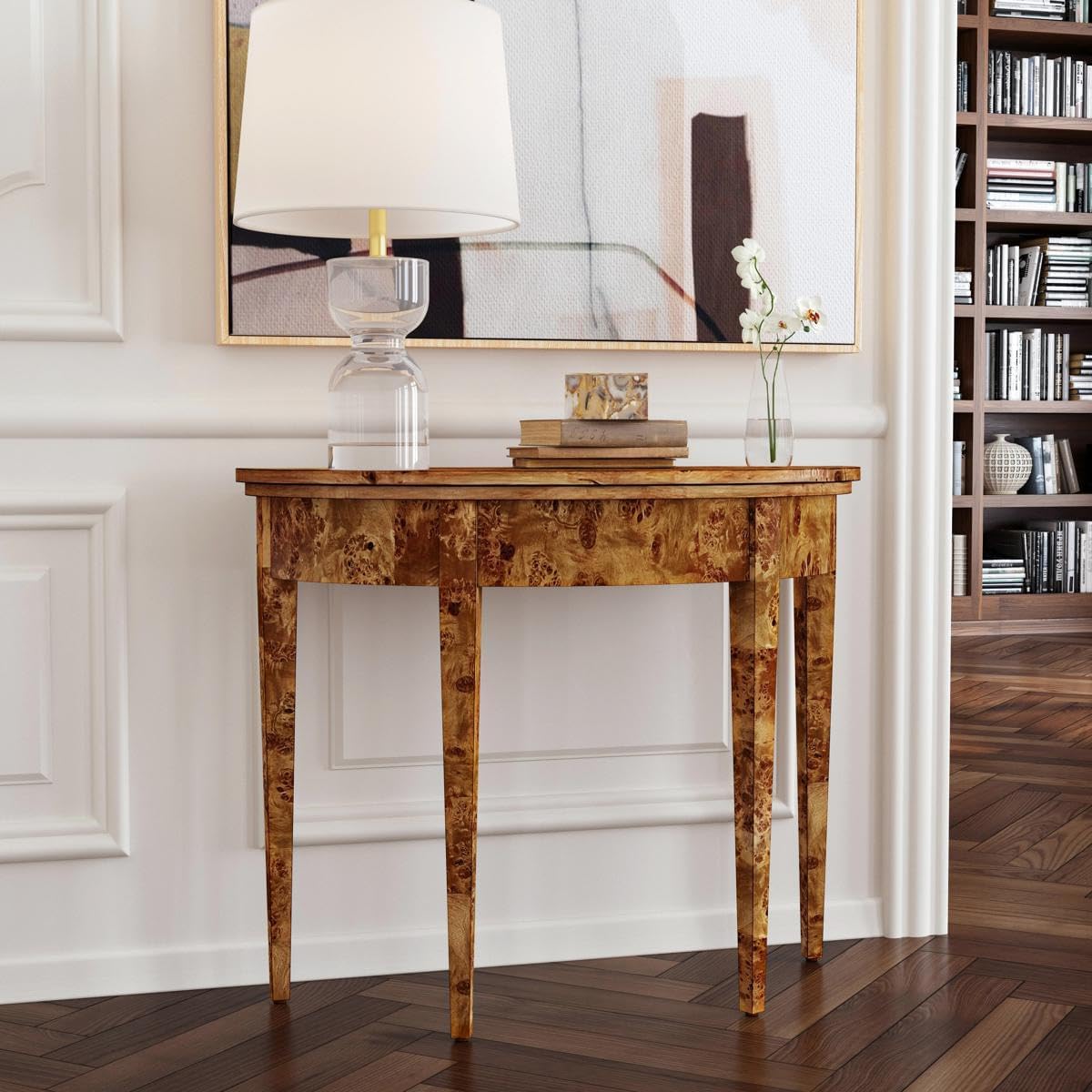 Brown Burl Wood Demilune Console Table R384337