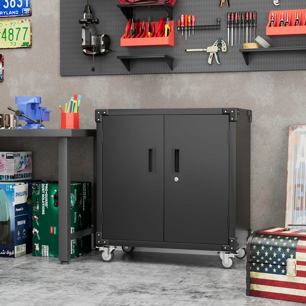 Black Metal Steel Storage Cabinet with Wheels and Pegboard F631884