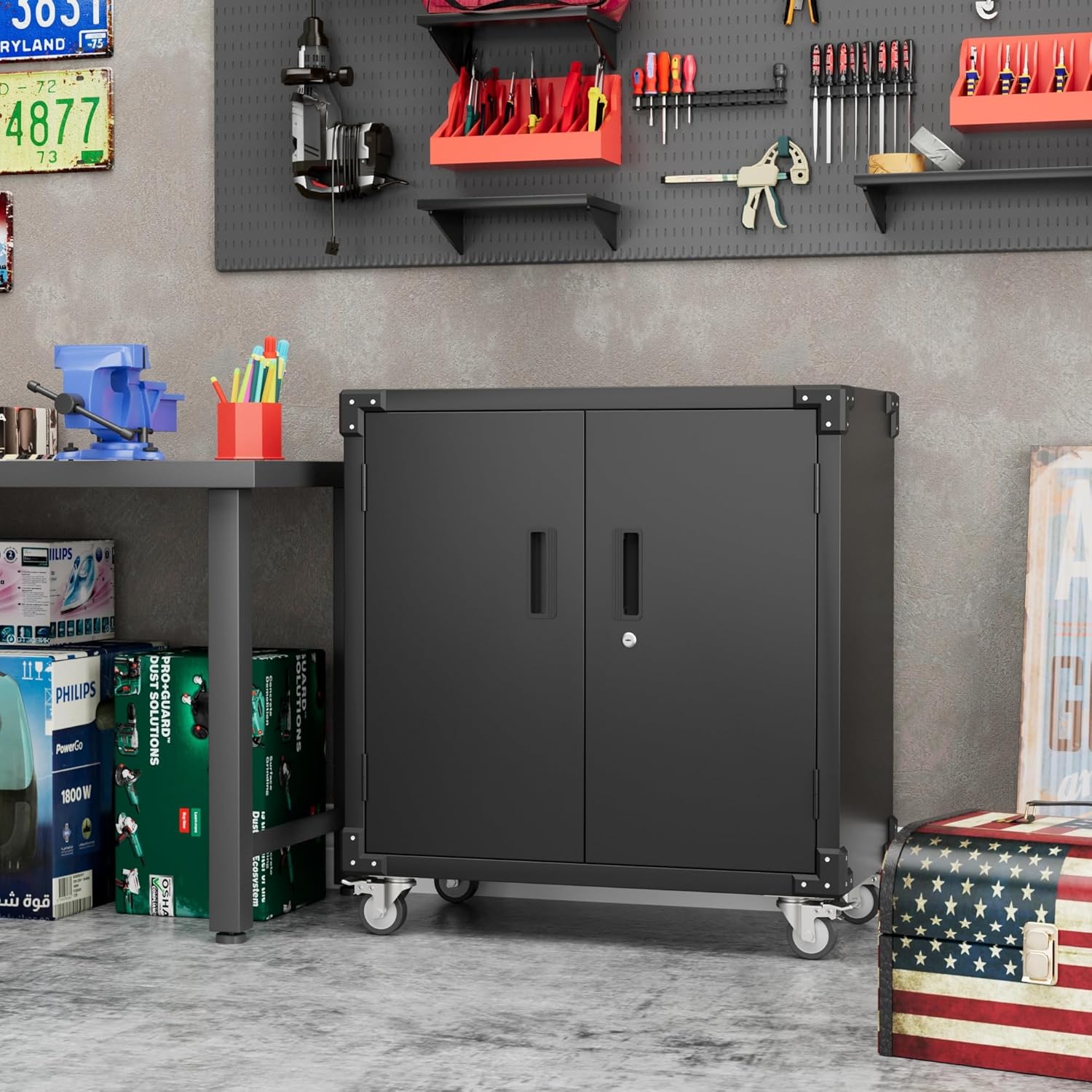 Black Metal Steel Storage Cabinet with Wheels and Pegboard F631884