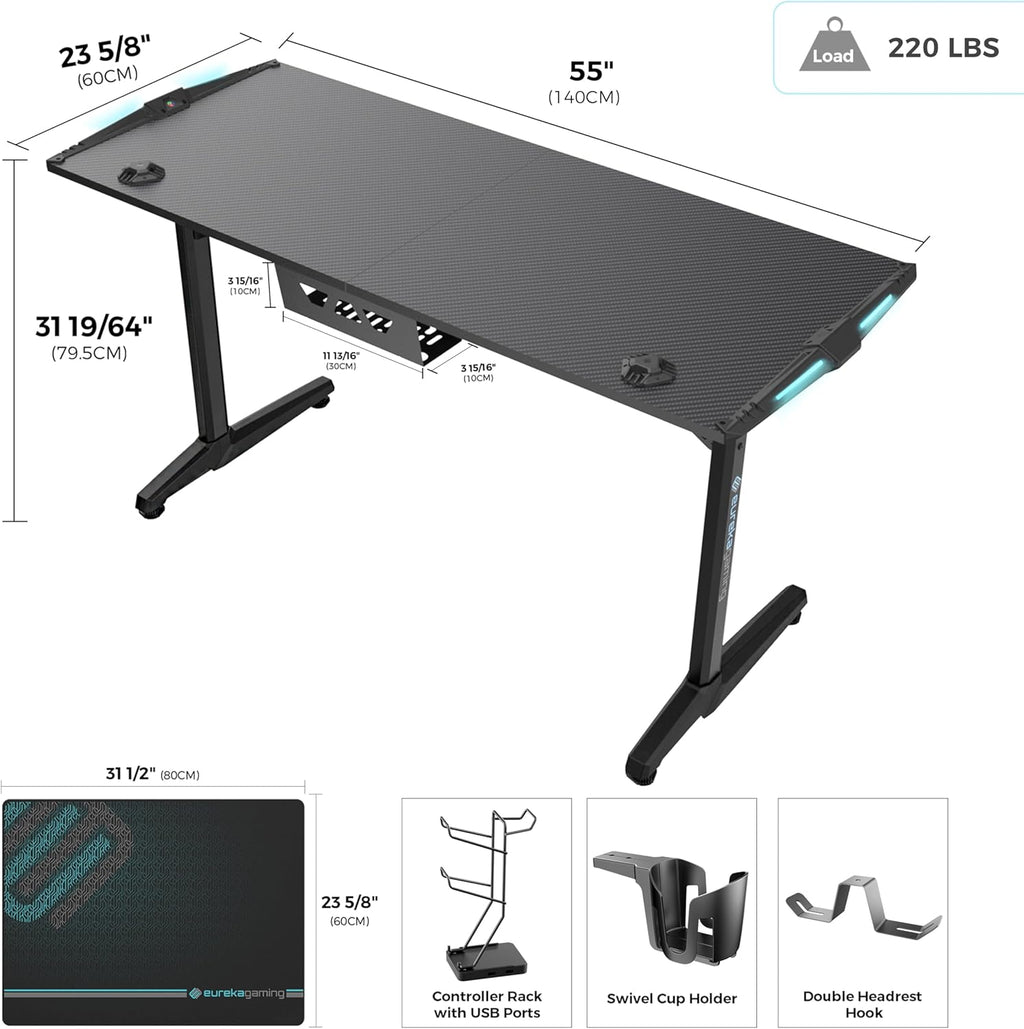 55 Inch Black Gaming Desk with USB Ports E317