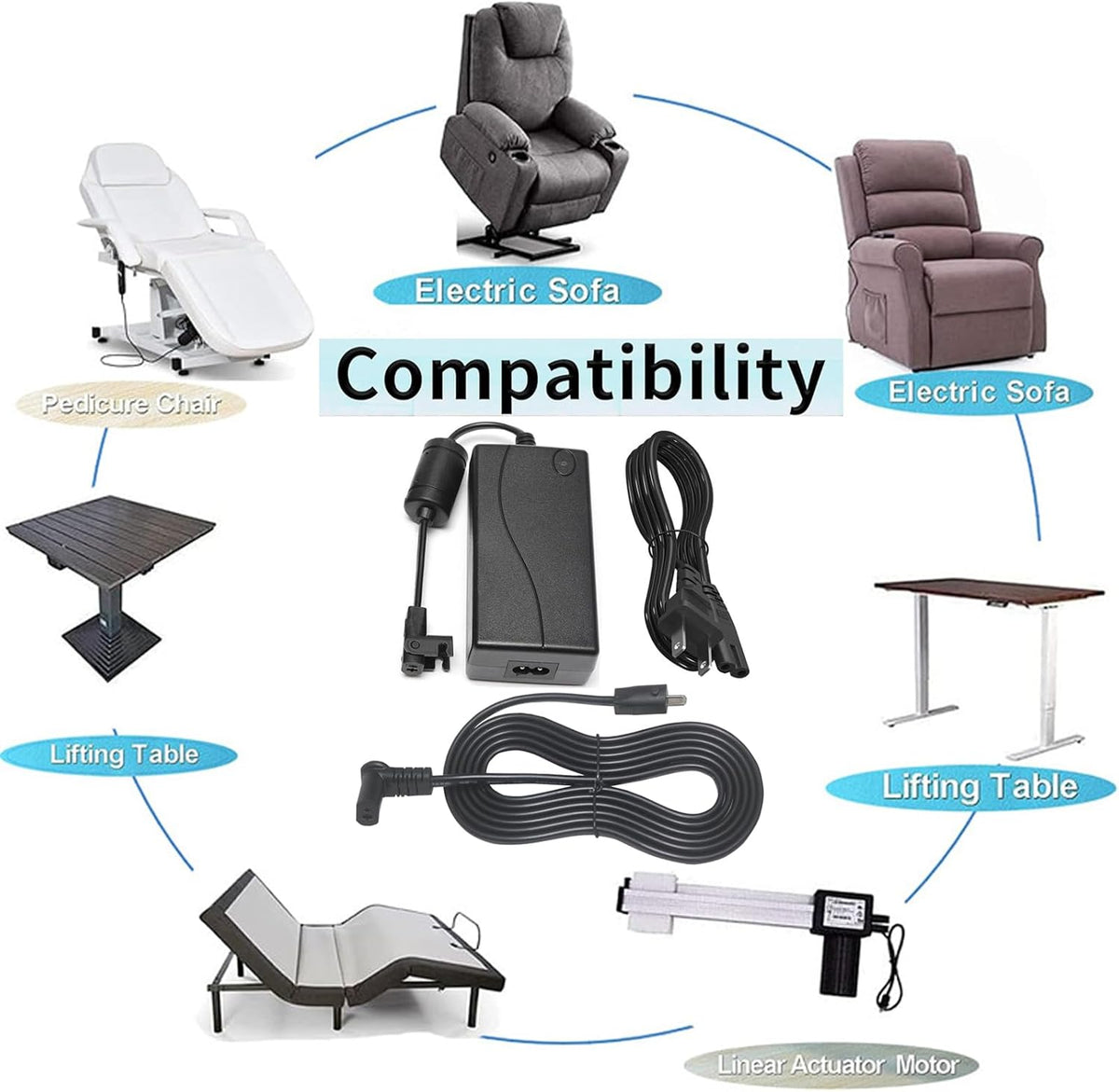 2-Pin Power Adapter with Extension L Shape Cable Cord for Lift Chair X110031