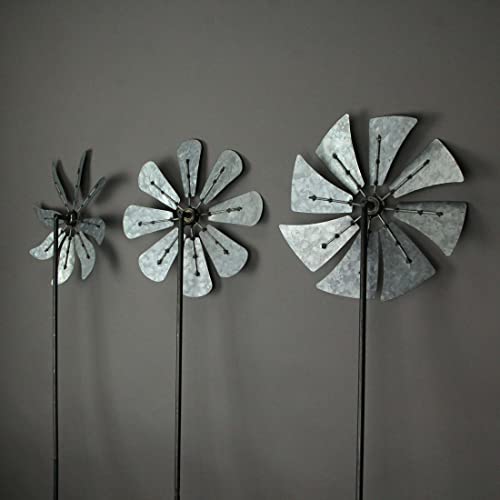 Set of 3 Galvanized Grey Wind Spinner Garden Stakes, 41 Inches High P79757
