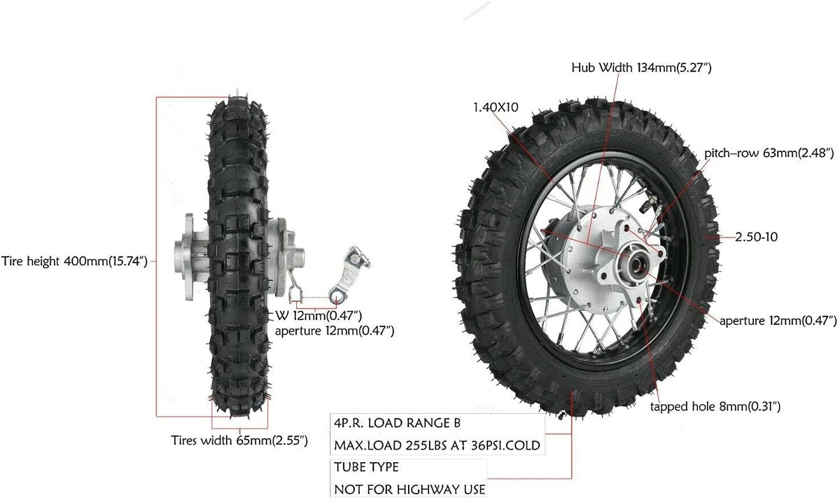 2.5-10" Rear Wheel Tire Assembly for Dirt Pit Bike S6205