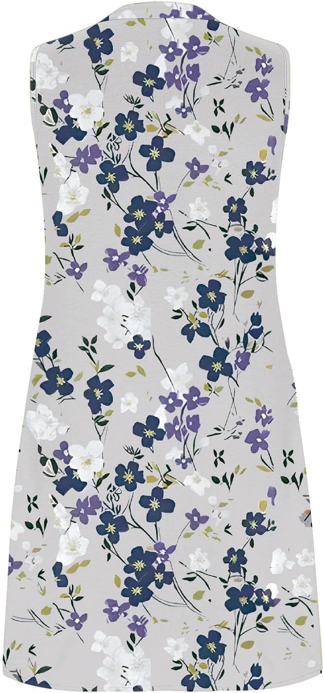 Women Casual A-Line Dress with Pockets Sleeveless V Neck Tshirt Dress Loose Pleated Flowy Dress C7143