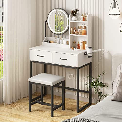 White Vanity Desk with Round Mirror and Lights and Hair Dryer Rack (Brown and Black, 15.75 * 31.5 * 53.6in) S917713