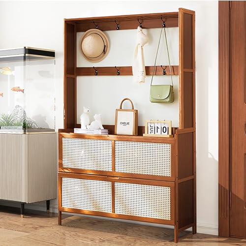 Bamboo Hall Tree with Shoe Storage, 14 Shoe Cubbies, 8 Coat Hooks, Rustic Brown T60268