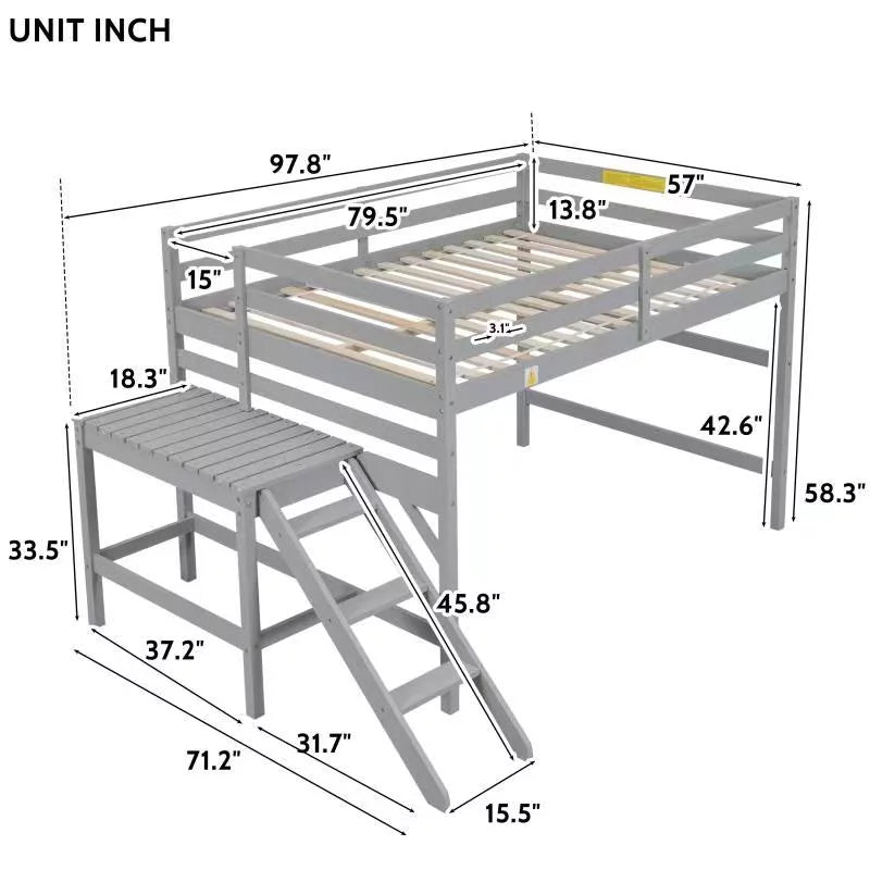 Gray Full Wood Loft Bed with Safety Rail and Ladder P535