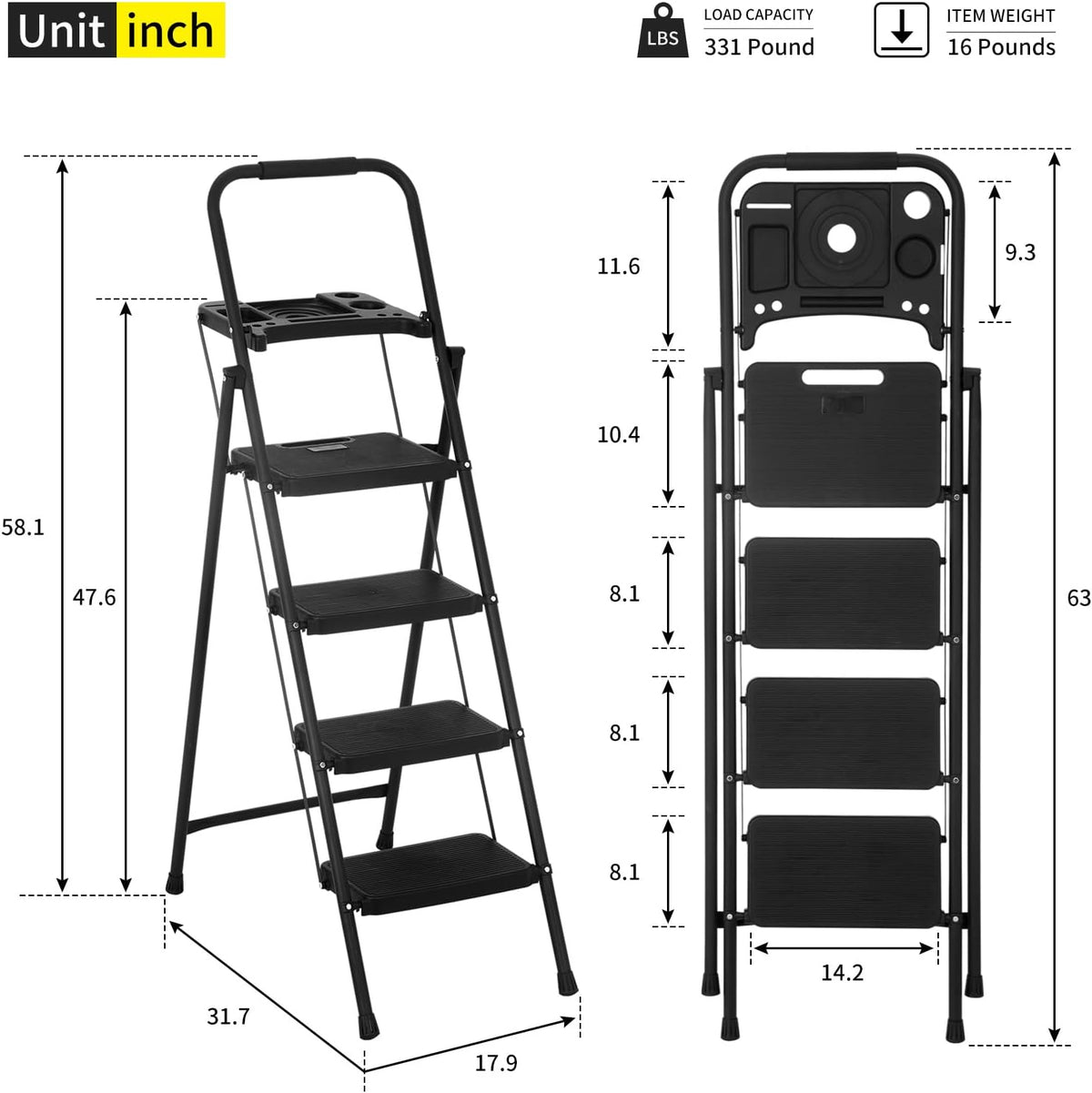 Black Steel Folding Step Stool with Tool Tray Q4159