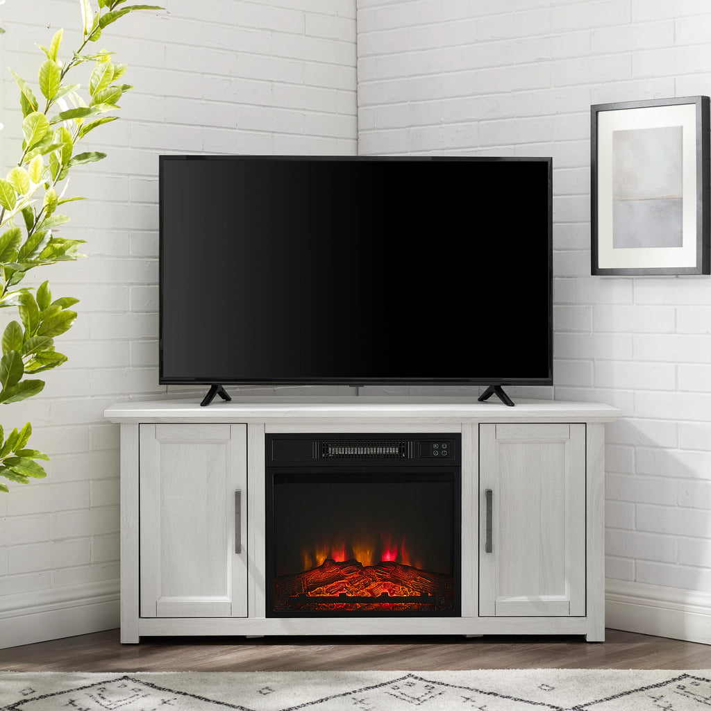 Whitewash Wood Corner TV Stand with Fireplace R452