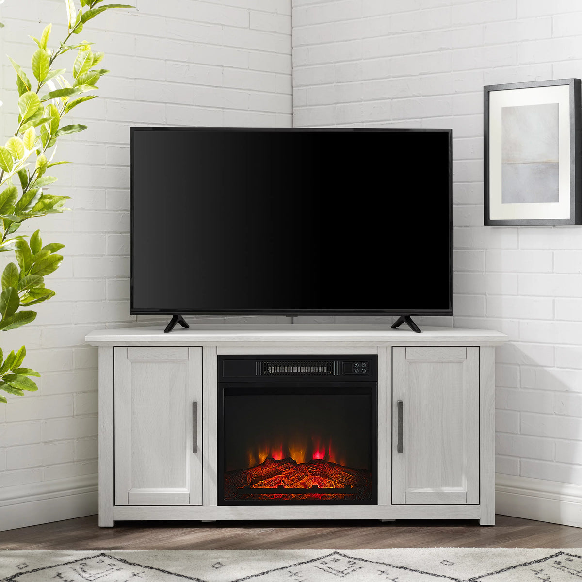 Whitewash Wood Corner TV Stand with Fireplace R452